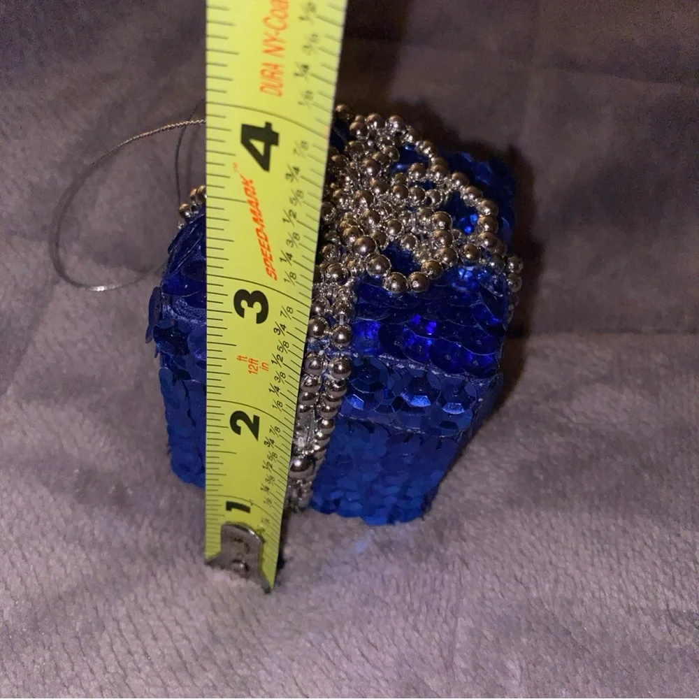 Blue Sequin Jewelry Ring Gift Box / Christmas‎ ornament with Silver Beads